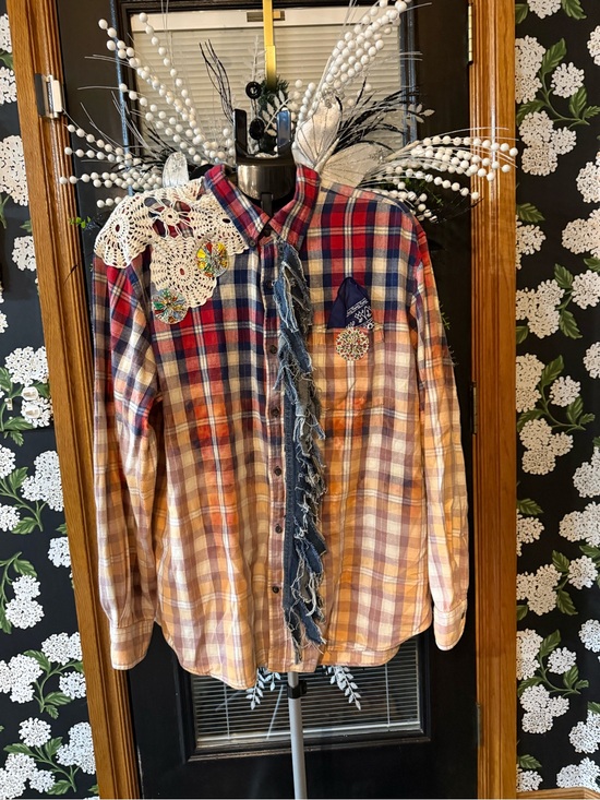 Handmade Tops - Upcycled Women's Red & Blue Plaid Button-Down Flannel Shirt